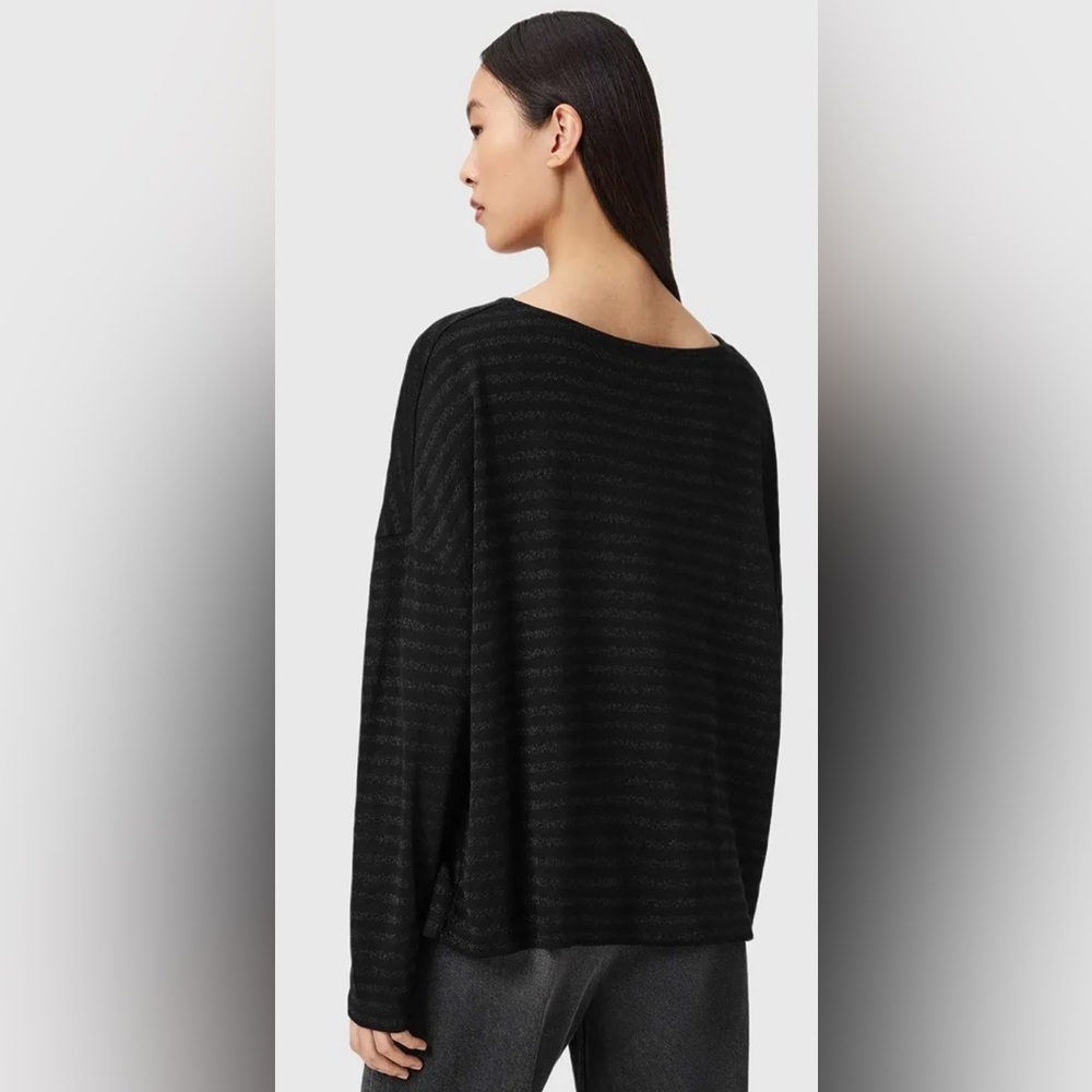 All Saints RINA STRIPED SHIMMER T-SHIRT Long Sleeves M Black - Picture 2 of 10